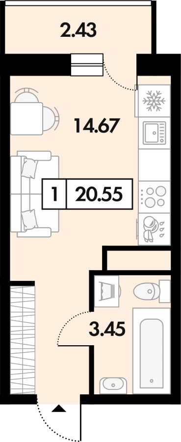 Однокомнатная квартира площадью 20.55м2